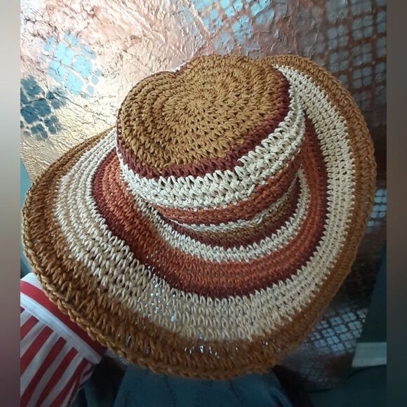 Zara Raffia Straw Striped Tan and Brown Floppy Sun Hat - Picture 7 of 14
